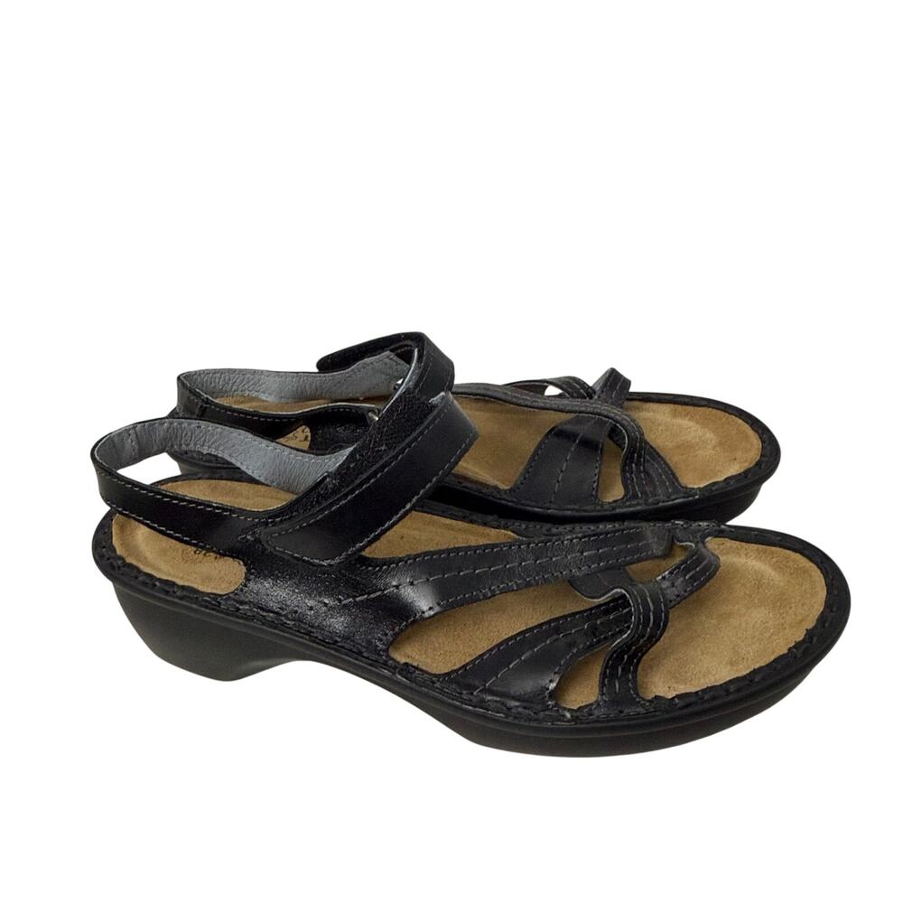 Naot Sandals Womens Size 7 Paris Black Leather Strappy Wedge Cork Insole